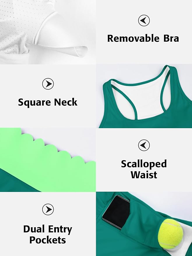 ATTRACO Tennis Outfits for Women Racerback Golf Dress Workout Dress | Athletic Skirt Set, Built-in Shorts, 2 Pockets, Scalloped, Racerback, High Waisted, Pickleball, Workout Set