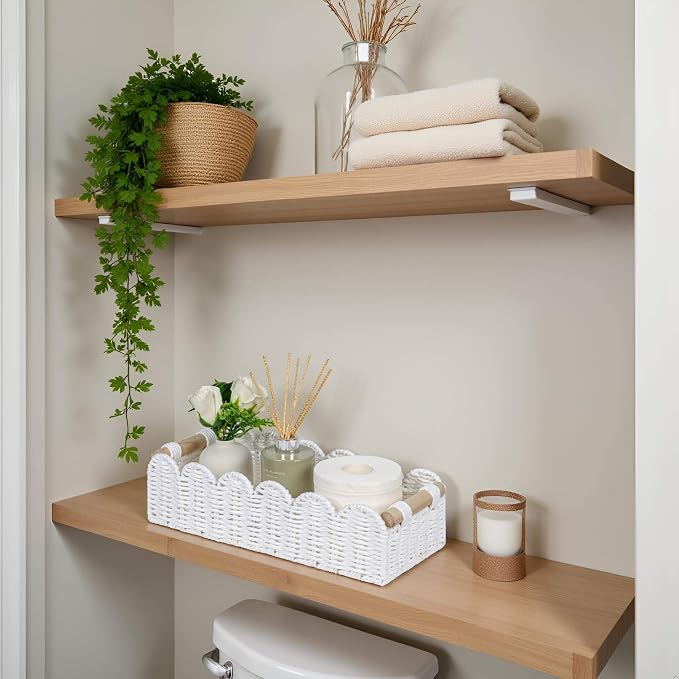 CubesLand Scalloped Toilet Paper Storage Basket W/Handle for Home Decor | Handwoven Toilet Organizer Basket for Countertop, Over Toilet Shelf, End Table, Living Room Cozy Decorative & More, White