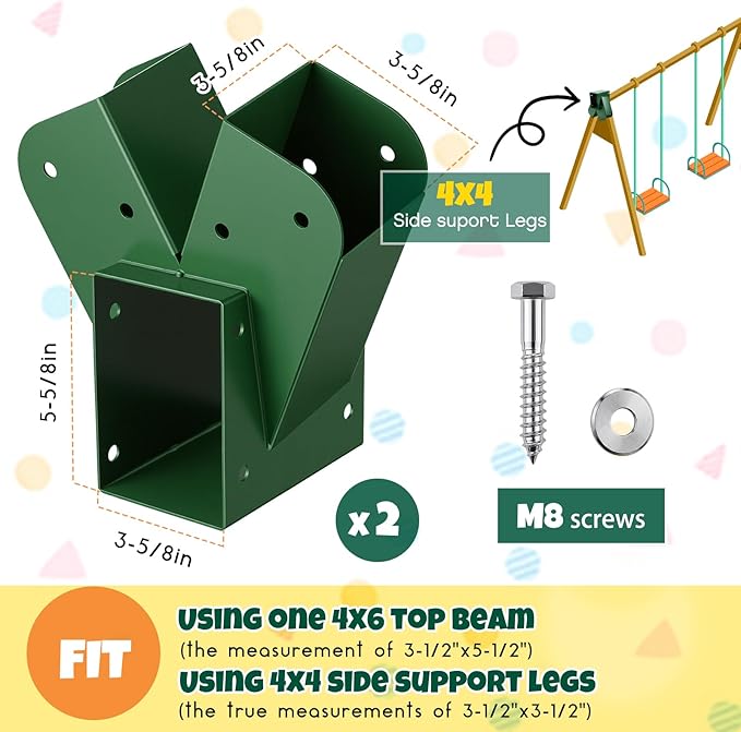 Dunzy Swing Set Brackets Including 2 Pcs A-Frame Swing Brackets, 6 Pcs Heavy Duty Swings Hangers, 2 Swings Seats, 1 Ring Trapeze Bar with All Mounting Accessories for Playground Equipment Outdoor Play