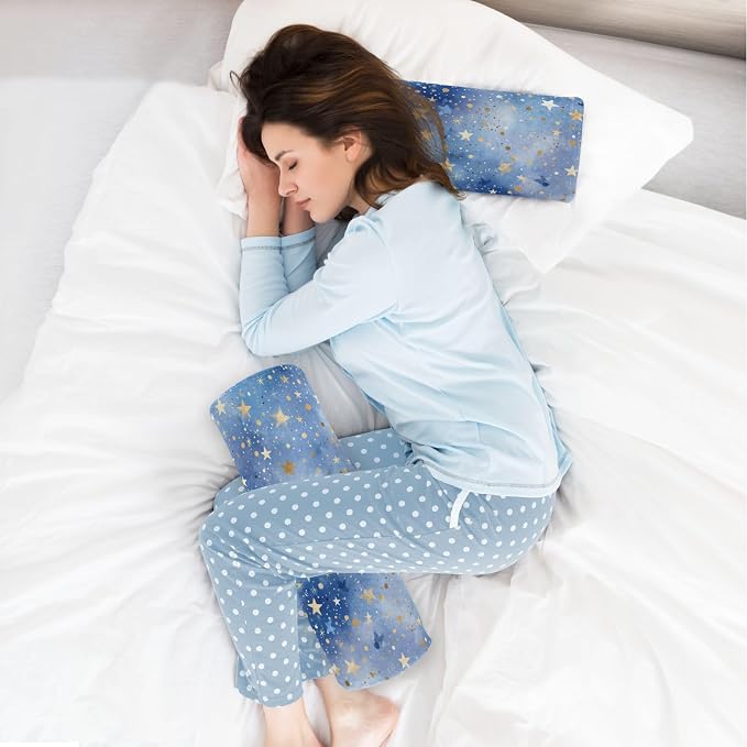 Blue Romantic Golden Stars Neck Roll Pillow Bolster Round Health Memory Foam Long Cervical Cylinder Pillows with Removable Washable Cover for Body Bed Legs Back Yoga