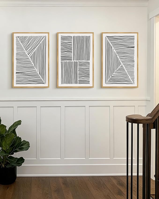 Drsoum Mid-Century Modern Framed Wall Art Large 16x24in Minimalist Abstract Boho Black Line Wall Decor Geometric Artwork Kitchen Dining Room Natural Framed