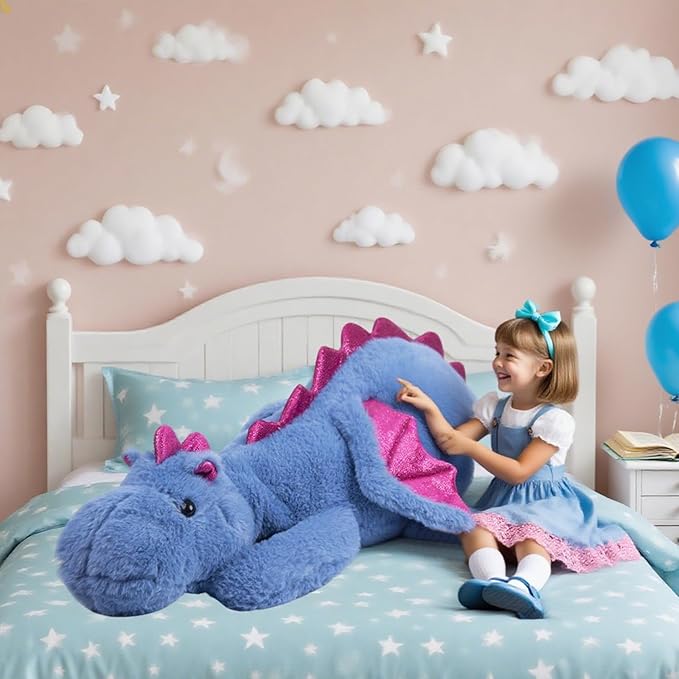 ARELUX Giant 52in 3Lb Big Blue Dragon Large Stuffed Animals Cute Plush Toy Fuzzy Jumbo Dinosaur Pillow Plushies with Wings Cuddly Soft Green Pterosaur Plushie for Friends Family Member
