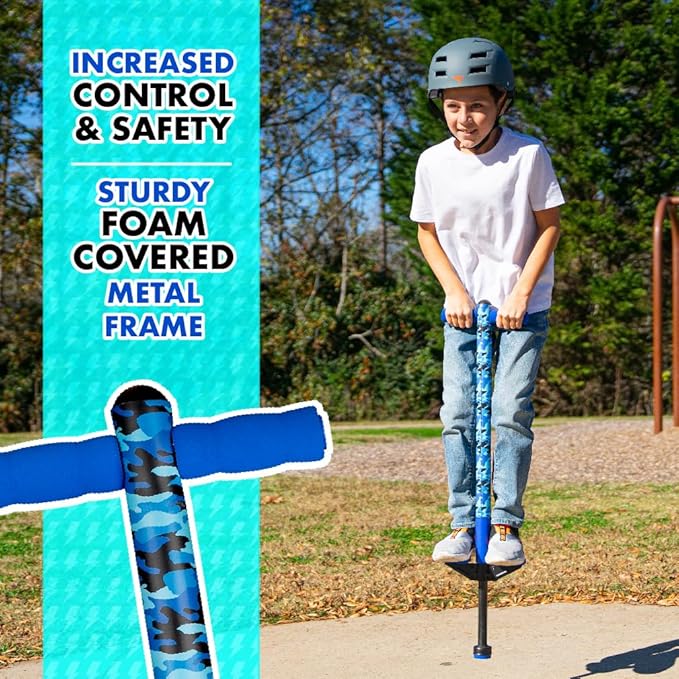 Flybar Jolt Pogo Stick for Kids, Perfect for Beginners w/ Foam-Covered Metal Frame, Handles & Padding, Non-Slip Foot Pads, Wide Tip, Outdoor Active Play Toy for Boys & Girls, Ages 6+, Blue Camo