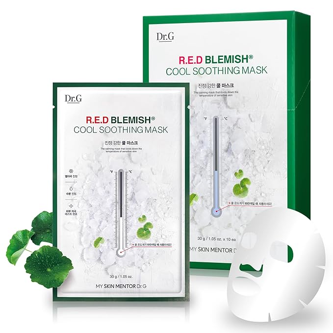 Dr.G Red Blemish Daily Cool Soothing Korean Face Mask - Deep Hydration for Irritated, Sensitive Skin - Face Masks Skincare Korean, Korean Sheet Mask, Korean Skin Care Mask, K Beauty - Pack of 10