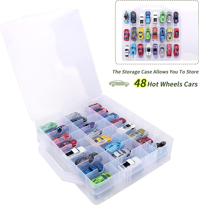 Double Sided Toy Car & Doll Storage Case - 48 Compartments, Portable Transparent Case