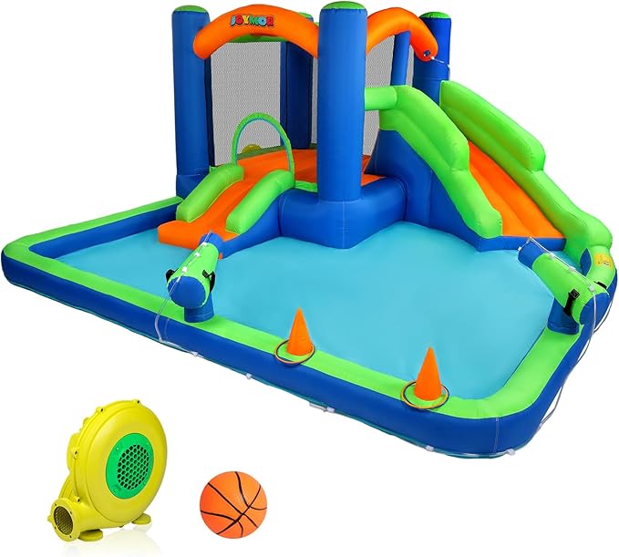 JOYMOR Inflatable Water Slide Bounce House for 3-6, 30s Blow Up Water Slide w/Basketball Hoop, Water Cannon, Ring-Toss Game, Inflatable Water Bounce House w/Slides, Air Blower (Blue/Green)