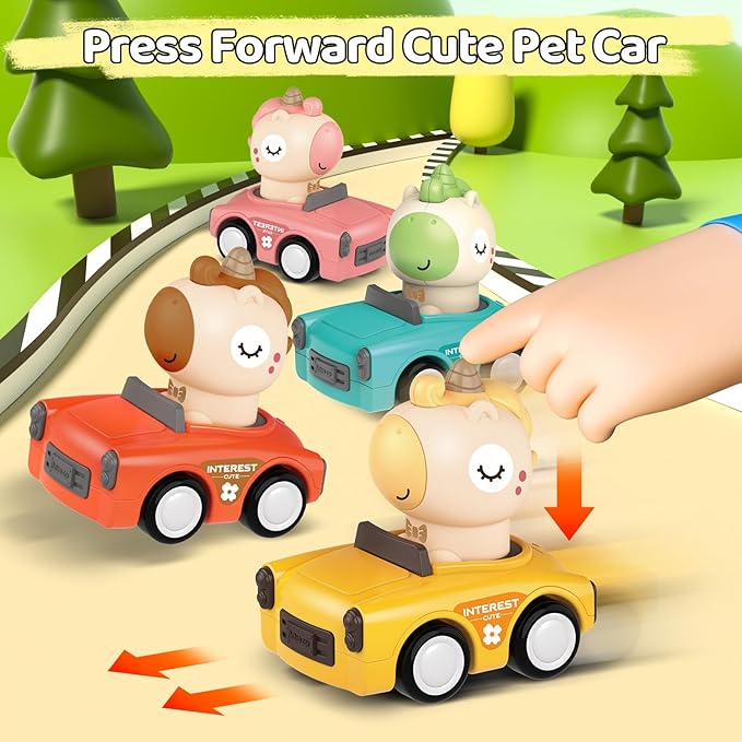 Press to Go Friction Inertia Car, Animal Toddler Toy Cars 1-3, Infant 6-9-12-18 Month Play Figure Vehicle Set, 1st Birthday Valentine's Day Gift for 1-2 Year Old Boy Girl