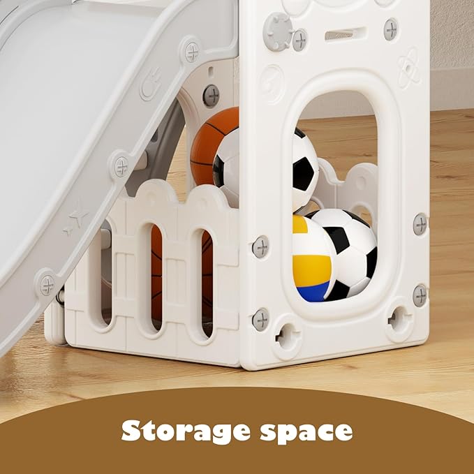 Glaf Toddler Slide 6 in 1 Outdoor Playset Indoor Playground for Kids Toddlers Age 1-3 Baby Slide with Basketball Hoop and Ball Storage Space and Telescope Freestanding Climber Slides Toys (Grey)