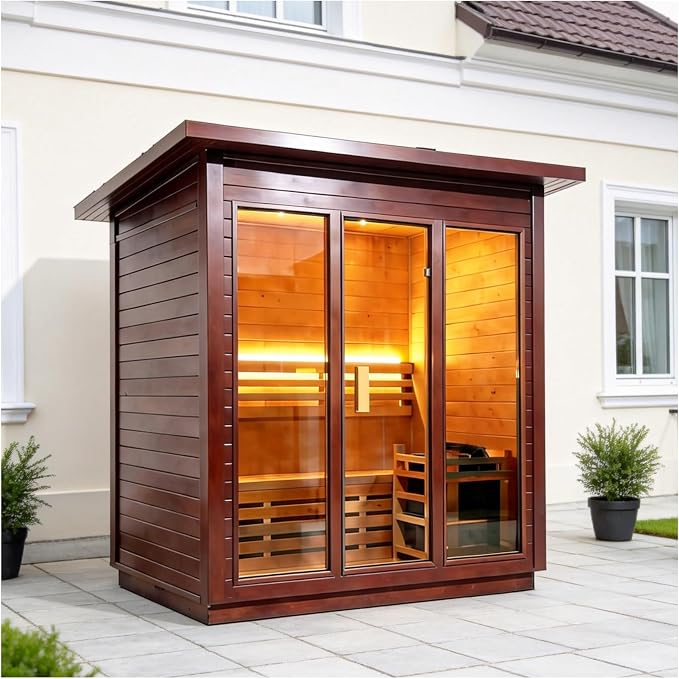 Outdoor Sauna 3 Person, Luxurious Steam Canadian Red Cedar Sauna Room with 6KW ETL Toule Heater, Traditional Backyard Sauna Spa with Asphalt Shingles, Sauna Accessories for Home & Garden