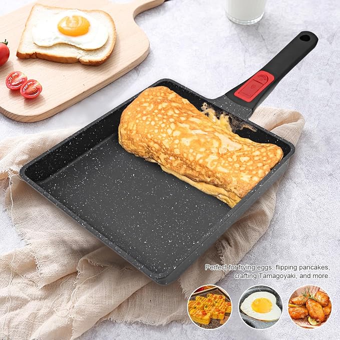 AIKENBBKK Tamagoyaki Japanese Omelette Pan, Japanese Egg Pan, Square Egg Pan Nonstick, Induction-Ready, Detachable Handle, with Silicone Spatula, PFAS & PFOA-Free, Oven Safe, Black, 9" x 8.2"