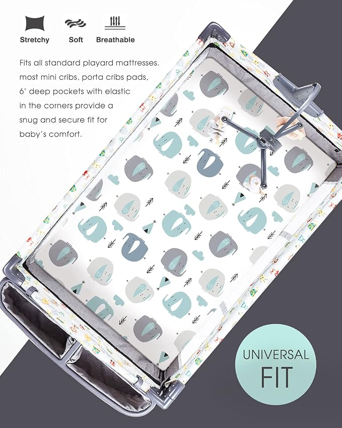 GRSSDER Stretchy Ultra Soft Jersey Knit Fitted Pack n Play Sheets Set 2 Pack, Portable/Mini Cribs Playards Sheets with Deep Pocket, Cute Elephant for Girls and Boys