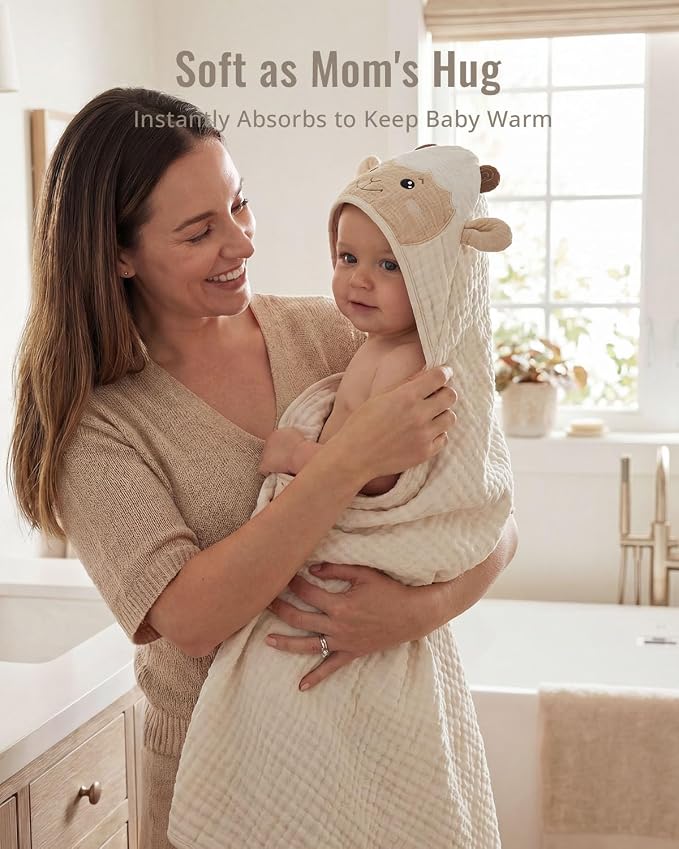 Blissful Diary Muslin Baby Hooded Towel 2 Pack, Soft & Absorbent Bath Towel for Infant, Toddler, Unisex, Baby Gift, Newborn Essentials, Sunny Duck & Gentle Lamb