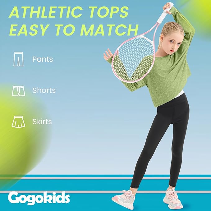 Gogokids Girls Shirts Long Sleeve Athletic Shirts Open Back Tops Active Sports Tshirts Yoga Workout Crop Tees 5-14 Years