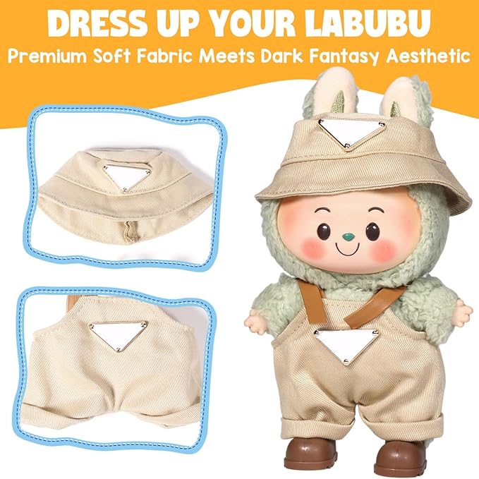 AICase for 17cm Doll Clothes/Outfit,Clothes Set for 17cm Doll,2 Piece Set Hat Clothing,Boys and Girls Stylish Adorable Dolls Clothes Accessories_Khaki