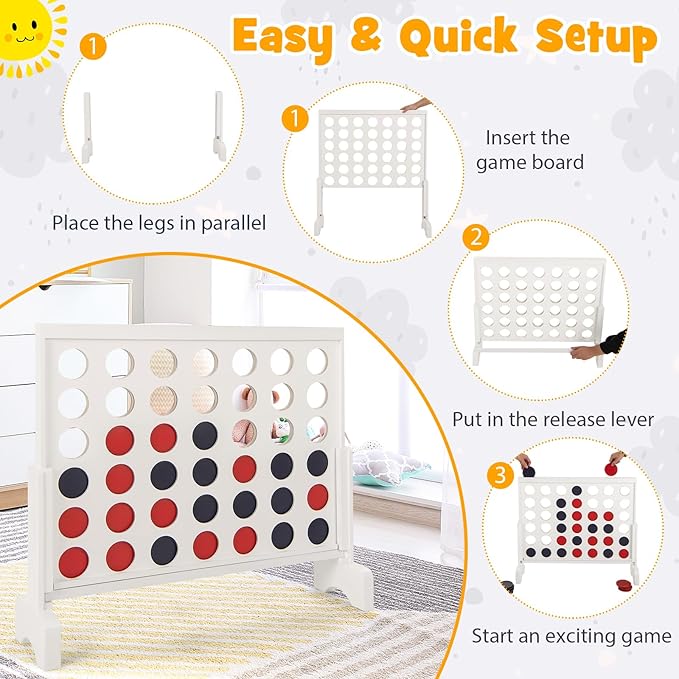 Costzon Giant 4-in-a-Row Game Set, Wooden Jumbo 4-to-Score Game with 42 PCS Chips & 600D Oxford Fabric Carrying Bag, Indoor Outdoor Line-up-4 Game for Kids & Adults, Ideal for Camping (White)