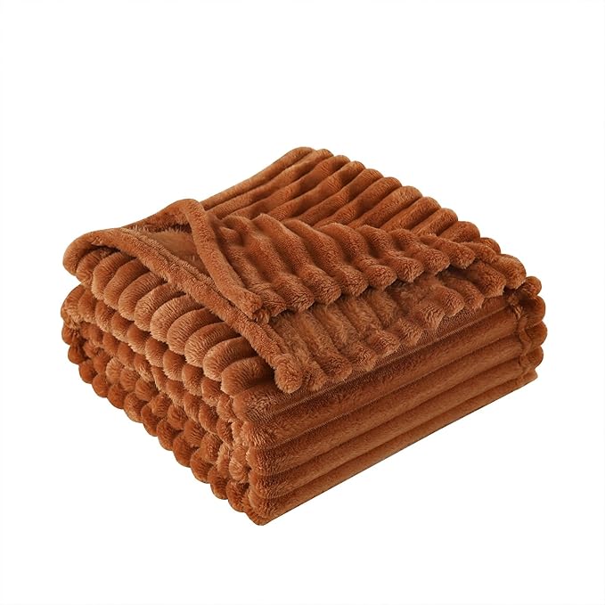 Burnt Orange Fleece Throw Blanket 50”×60” for Couch Sofa Livingroom | Linecooo Super Soft Cozy Plush Microfiber Flannel Bed Blanket Striped Design Lightweight Home Decor Gifts for Adult Mom Women