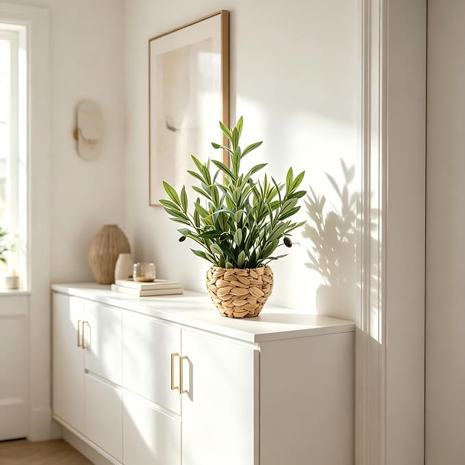 AlphaAcc Fake Potted Plant Small Olive Water Hyacinth Mediterranean Decor | 17.7" Realistic artificial olive branches natural hyacinth boho mediterranean rustic style ideal office desk shelf home decor