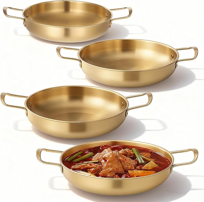 4 Pack Korean Ramen Noodle Pot, Stainless Steel Golden Stockpot with Handles Korean Cooking Pot Fast Heating Pot for Soup Noodles Pasta Home and Outdoor Use, Sizes 7.5", 8.3", 9", 10"