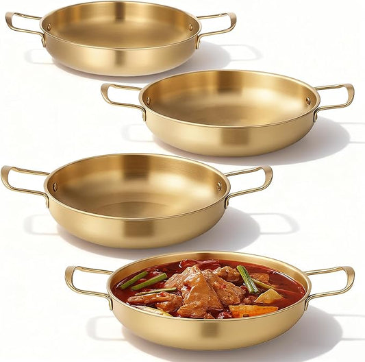 4 Pack Korean Ramen Noodle Pot, Stainless Steel Golden Stockpot with Handles Korean Cooking Pot Fast Heating Pot for Soup Noodles Pasta Home and Outdoor Use, Sizes 7.5", 8.3", 9", 10"