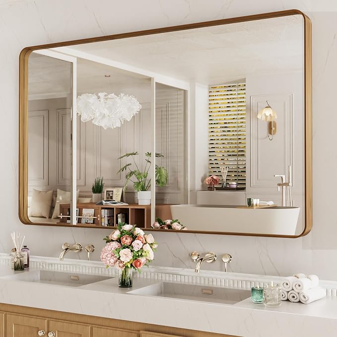 LOAAO 60X40 Inch Bathroom Mirror with Wood Grain Colored Metal Frame | Rounded Rectangle Metal Framed, Anti-Rust, Hangs Horizontally or Vertically, Tempered Glass