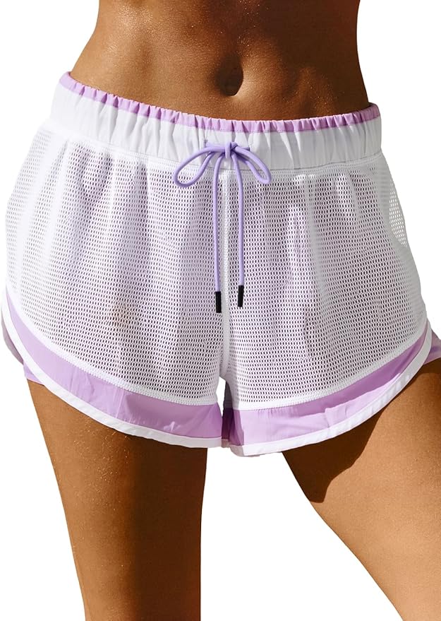 Fisoew Women Athletic Shorts 2 in 1 Running High Split Color Block Workout Yoga Mesh Shorts Pocket Drawstring