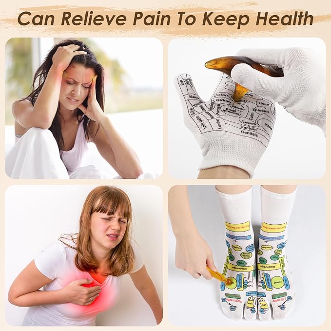 Reflexology Socks Set with Gloves Tools, 2 Pairs Massage Socks Chiro Acupressure Acupuncture Trigger Point 3pcs Tool Comb Gua Sha Foot Hands Head Pain Relief Acupoint Gifts for Women F