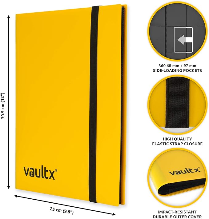 Vault X 9 Pocket Standard Strap Binder, Holds 360 Trading Cards in 20 Side-Loading Pages (Yellow)