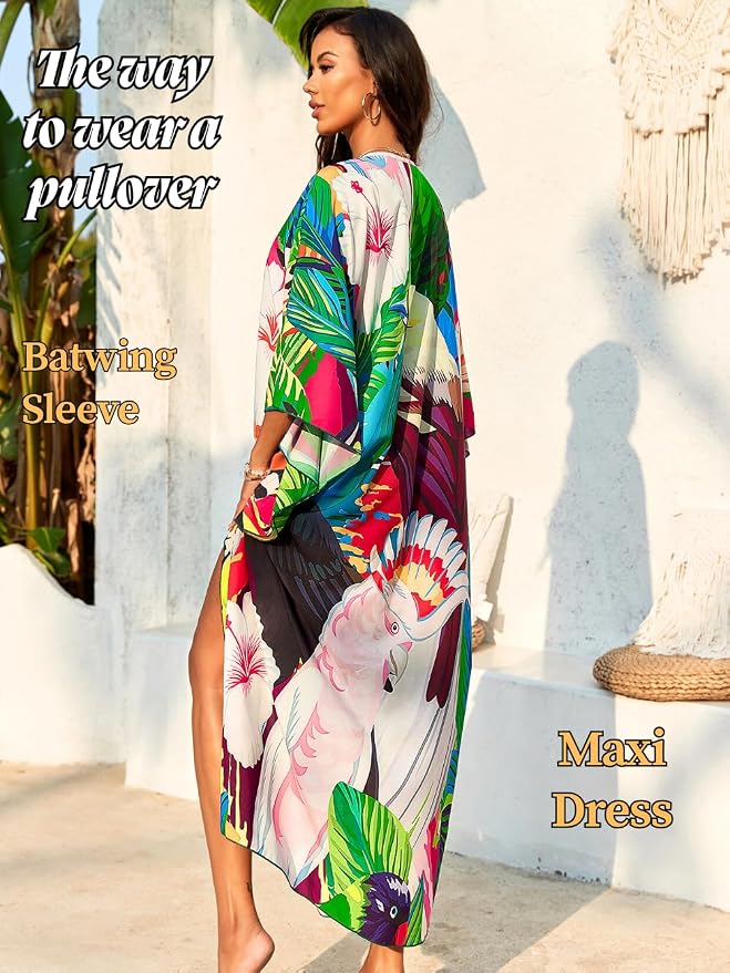 ChiaoLezhee Print Moo-Moos for Women, Kaftan Cover-Up Dresses, Sexy V-Neck High-Slit, Beach Pool-Party Coverups Muumuu Plus