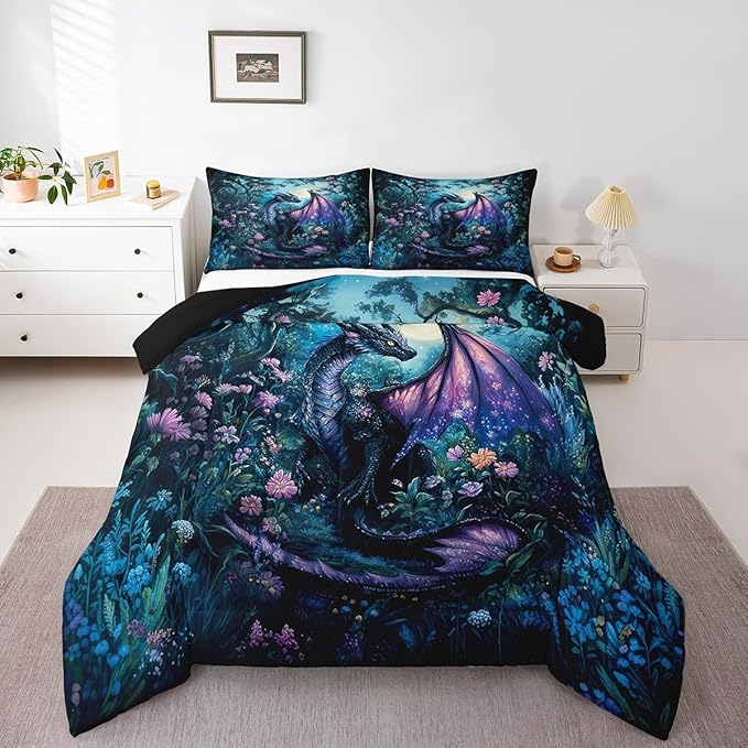 Feelyou Dragon Comforter Set Toddler Size Dragon Stuff Comforter for Boys Girls Teens Wild Life Bedding Set Jungle Dragon Duvet Set Room Decor Balck Blue Quilt Set