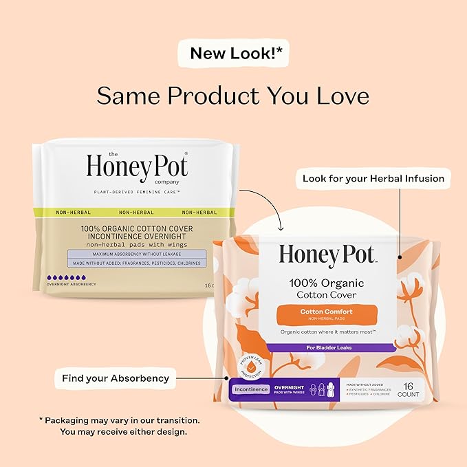 The Honey Pot Company – Incontinence Pads for Women - 64ct- Non-Herbal Overnight - Bladder Leak Control - Organic Cotton Cover & Ultra-Absorbent Pulp Core - Feminine Care