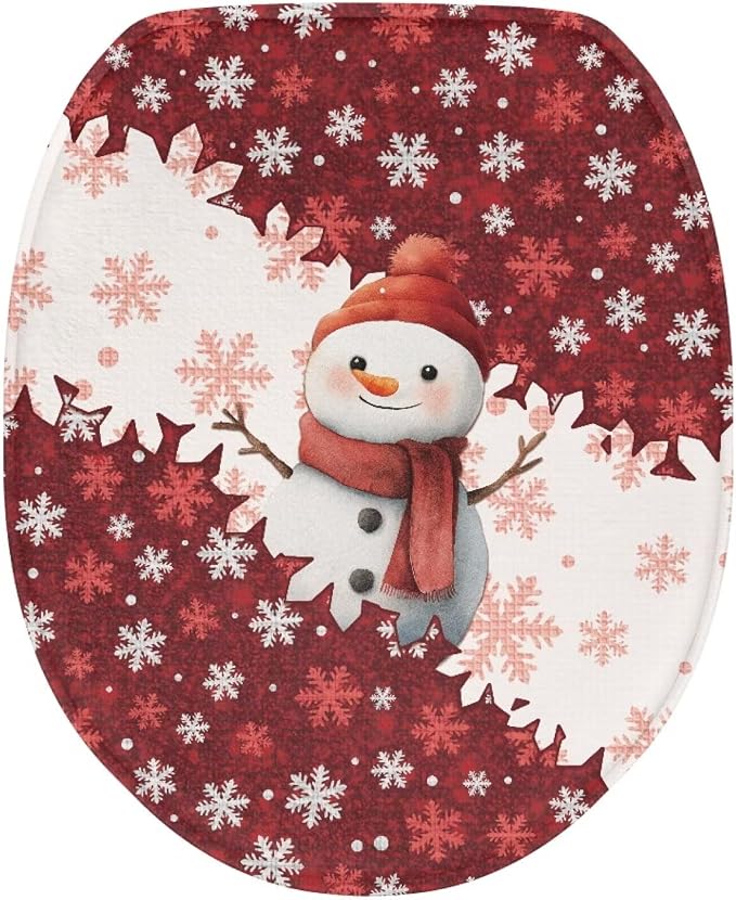 Toilet Seat Cover, Bathroom Accessories with Elastic Band at Bottom Toilet Seat Cover, Flannel Soft and Dustproof Toilet Lid Cover-Cute Christmas Snowman