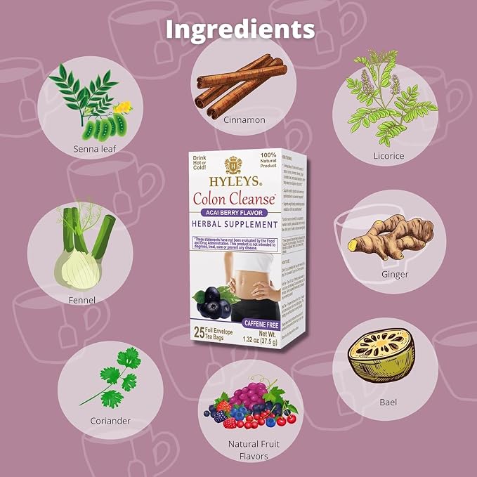 HYLEYS Colon Cleanse Tea, Acai Berry Flavor - 150 Individually Wrapped Herbal Tea Bags (6 Pack of 25) - Caffeine Free, Vegan