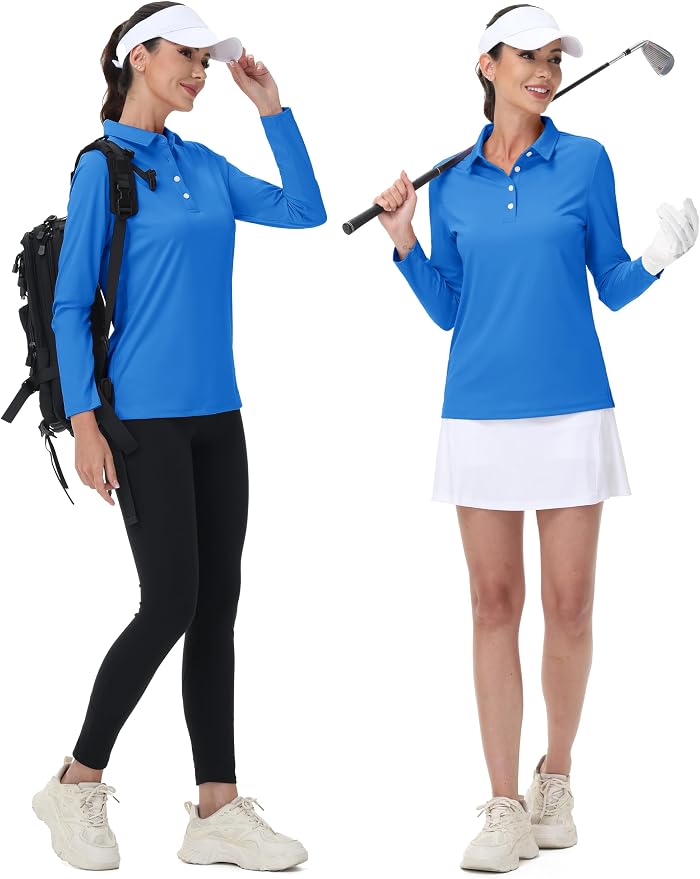 MAGCOMSEN Long Sleeve Polo Shirts for Women Golf Tops with Collar Work | UPF 50+ Sun Protection, 4 Buttons, Moisture Wicking, Breathable, 4-Way Stretch, Collared, Quick Dry, Active, Casual, Tennis
