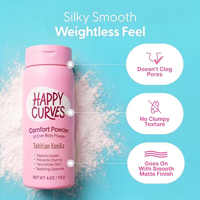 HAPPY CURVES Talc-Free Anti-Chafe Comfort Powder (Tahitian Vanilla) & pH Balanced Sulfate-Free Feminine Wash (Tropical Oasis) Bundle - Intimate Care for Women