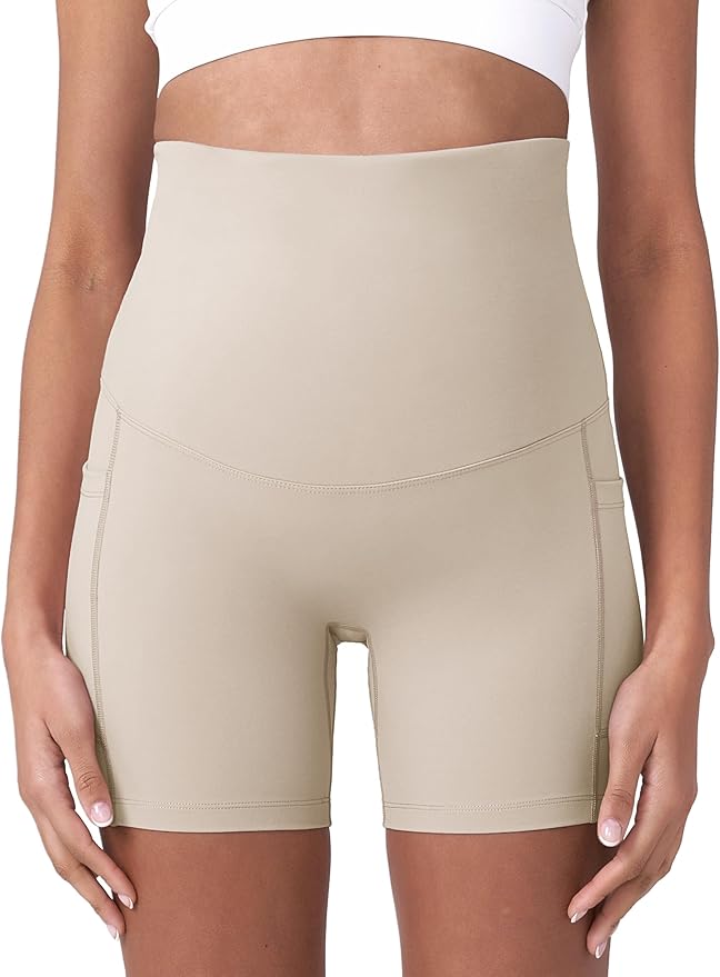 POSHDIVAH Women's Maternity Yoga Shorts Over The Belly Bump Summer Workout Running Active Short Pants with Pockets 5"/8"