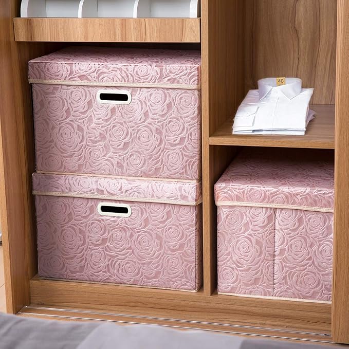 Larger Collapsible Storage Boxes with Lids Fabric Decorative Bins Cubes Organizer Containers Baskets Handles Divider for Bedroom Closet Living Room Pink 17.7x11.8x11.8 Inch 3 Pack