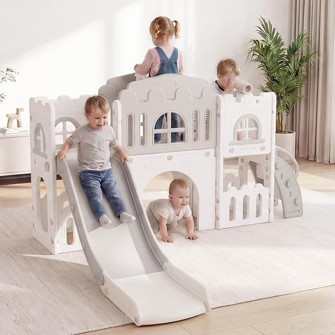 OLAKIDS Toddler Slide, Kids Indoor Outdoor Playground with Climber Basketball Hoop Telescope Tunnel Corridor Toy Storage Steering Wheel for Boys Girls Aged 1+ (Gray, 70'')