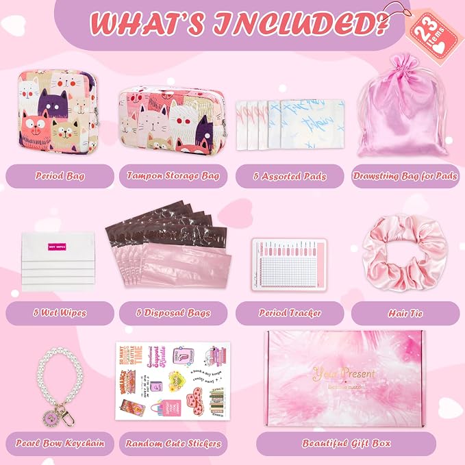 22 PCS First Period Starter Kit Gift for Teen Girls Period Bags for Teen Tweens Girls with Sanitary Pad Storage Bag, Wipes, Menstrual Tracker, Disposal Pouches and More (Cats)