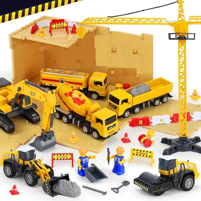 ZUKULIFE Engineering Construction Vehicles and Construction Site Set with Storage Container, 6 Vehicles - Tower Crane, Cement Truck, Excavator, Road Roller, Dump Truck and Fuel Carrier