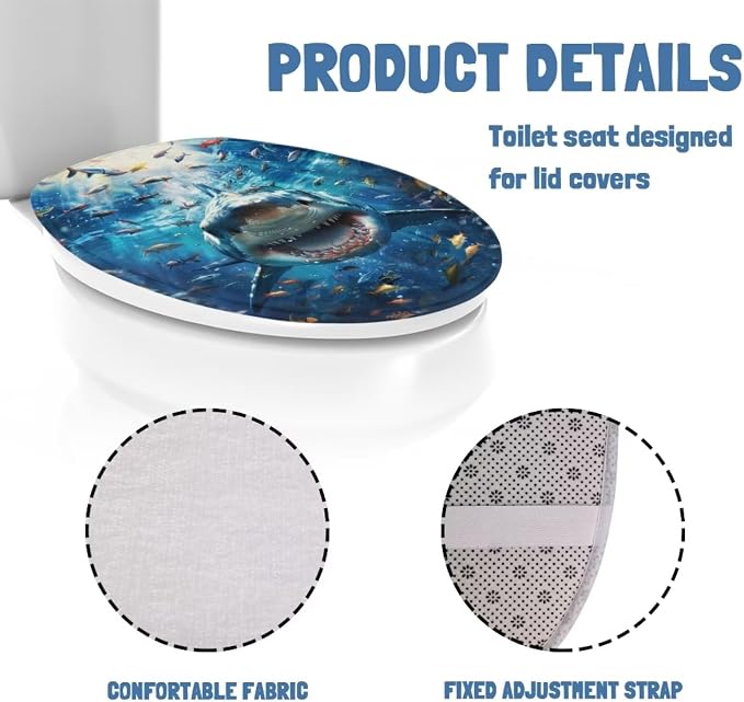 Ocean Shark Oblong Toilet Seat Cover Elongated Toilet Seat Cover Soft Toilet Seat Cover Machine Washable Blue Toilet Cover Seat Bathroom Decoration