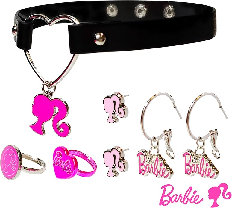LUV HER Barbie themed 2-Piece Adjustable Ring Set, a pair of stud and hoop earrings, and a choker for Girls - Barbie Themed Charms, Universally Fitting & Stylish Gifts - Ages 4+