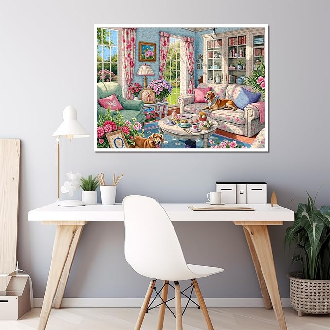 Living Room Puzzle 1000 Pieces for Adults, Flower Dog Jigsaw Puzzle, Challenging Floral Room Puzzle as Wall Decor