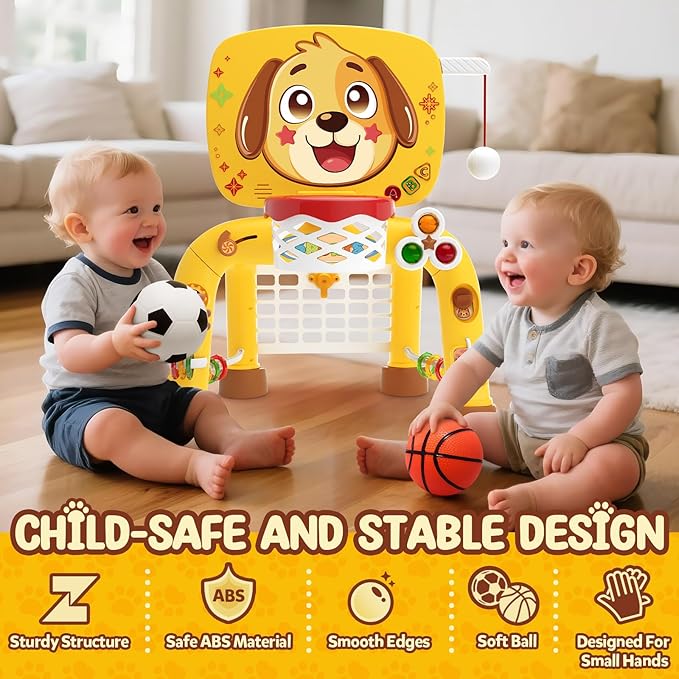 Toys for 1 Year Old Boy - Toddler Basketball Hoop & Soccer Goal & Baseball Activity Center with Light Sound Music, Puppy Montessori Sports Toy,Christmas Birthday Gift for Baby 12-18 Months,Dark Yellow
