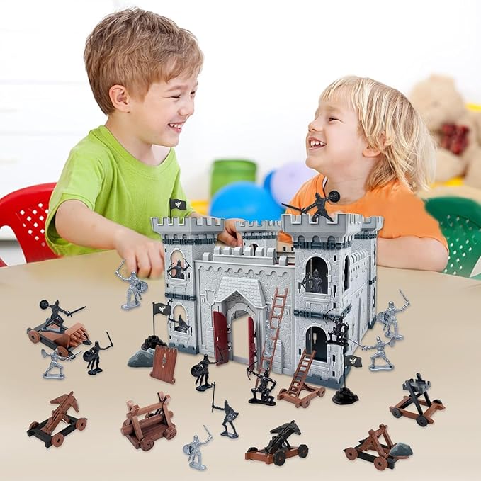 Mostop Medieval Castle Knight Toy Solider Army Figures Toy, DIY Assembled Castle Model Knight Game Soldier Building Kit with Castle,Cavalry and Arrow Tower Simulated Siege War of Attack