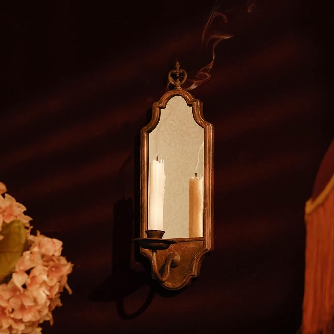SOFFEE DESIGN Mirrored Wall Candle Holder - Antique Copper Sconce for Taper Candles, Elegant Hanging Decor