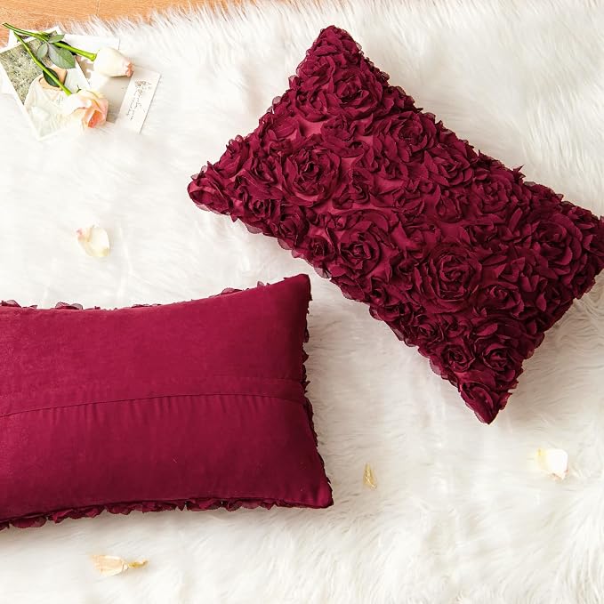 MIULEE Decorative Rose Flower Pillow Cover Pack of 1 Wine Red 12x20 Inch | Cute Romantic Stereo Chiffon Throw Pillow Cover Aesthetic Solid Pillowcase for Girl Coquette Room Decor Coach Bedroom