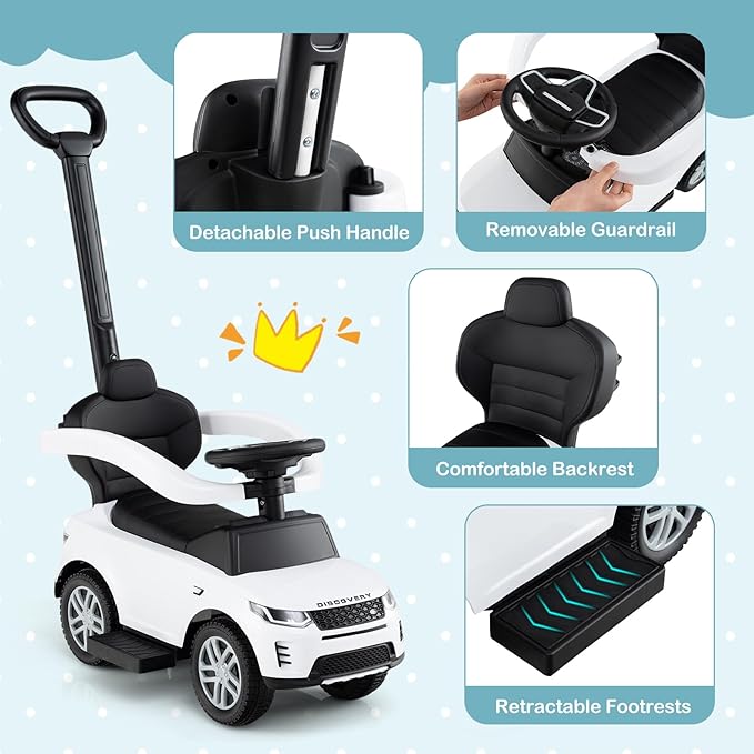 Costzon Push Car for Toddlers, 3 in 1 Land Rover Discovery Stroller Sliding Walking Car with Handle, Horn Sound, Underneath Storage, Armrest Guardrail, Foot-to-Floor Ride On Toy for Boys Girls (White)