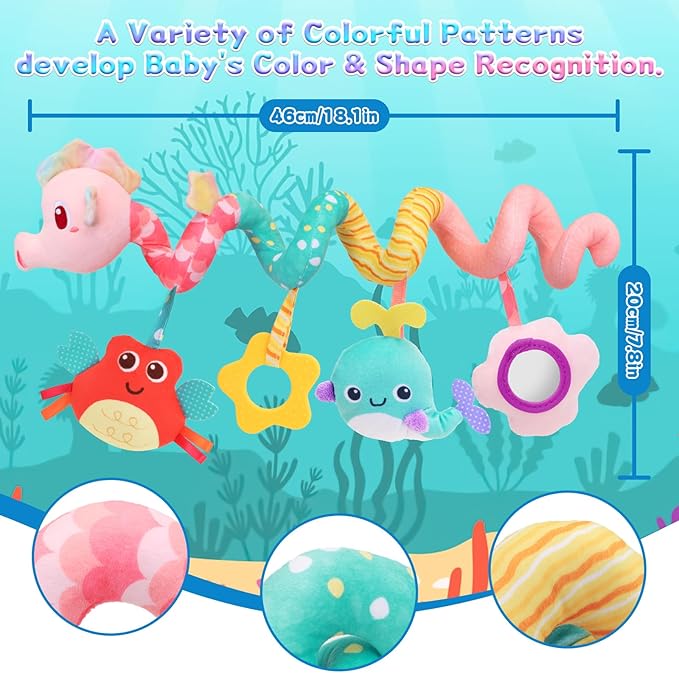 Car Seat Toys for Baby Toys 0-6 Months, Hanging Crib Stroller Toys with Rattle, Mirror, Crinkle, Squeaky Spiral Baby Activity Carseat Sensory Toys for Newborn Infants Girls Birthday Gifts