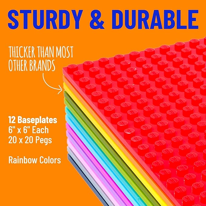 Strictly Briks Brick Base Plates - Compatible with Lego & All Major Brands - 6x6 in, 12-Pack Rainbow Colors - Stackable Rainbow Building Blocks Baseplates with 20x20 Studs