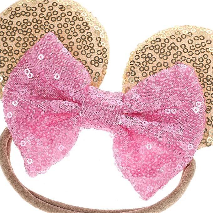 JIAHANG Mouse Ear Nylon Headband with Sequin Bow, Soft Elastic Hair Bow Hair Band, Party Headwear for Baby Newborn Infant Toddlers, kids, Gilrs